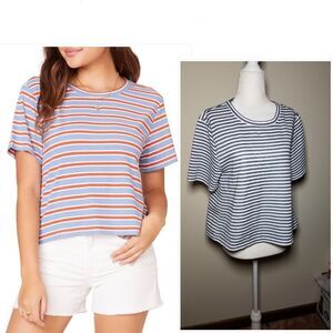 NWOT|BB Dakota Blue Metallic Striped Short Sleeve Top, MEDIUM
